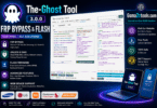 The ghost tool frp bypass and flash software interface showing samsung lg xiaomi qualcomm and mediatek support on windows 11