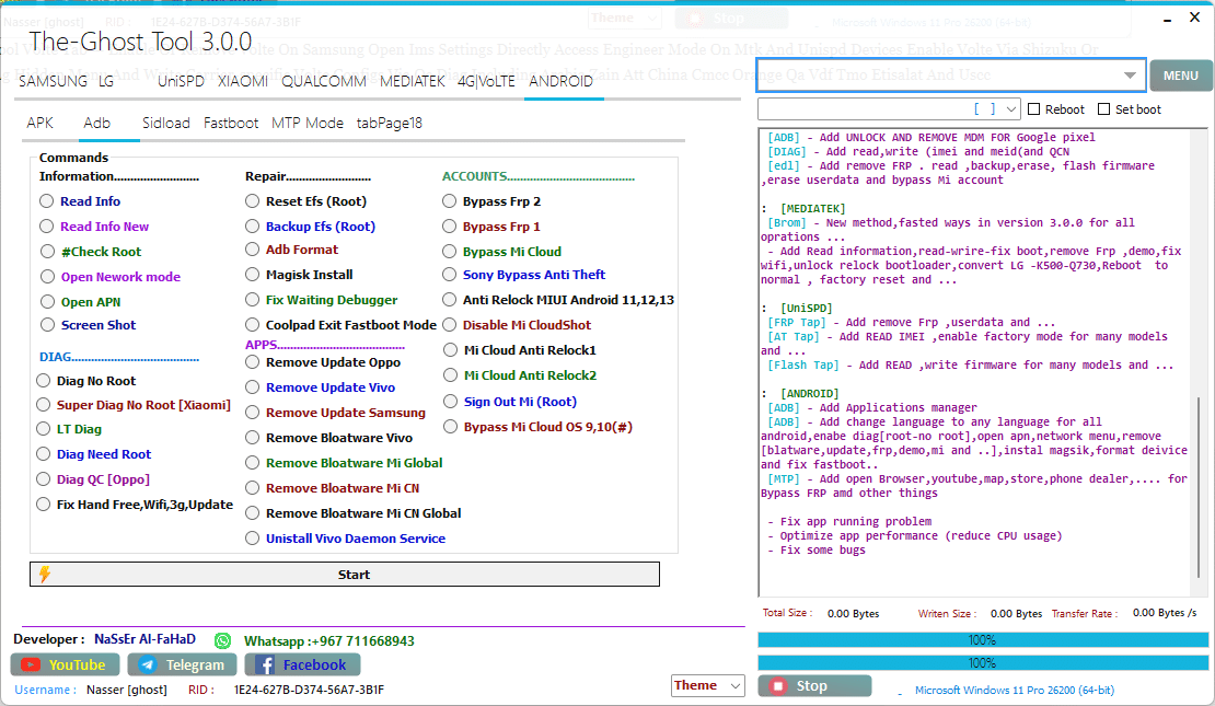 The-ghost tool android apk tab showing read info check root open network mode screen shot diag no root super diag xiaomi lt diag diag qc oppo reset efs root backup efs root adb format magisk install fix waiting debugger remove update oppo vivo samsung remove bloatware vivo mi global mi cn bypass frp 1 and 2 bypass mi cloud sony bypass anti theft anti relock miui android 11 12 13 disable mi cloudshot mi cloud anti relock 1 and 2 sign out mi root and bypass mi cloud os 9 10 options for multi-brand android servicing