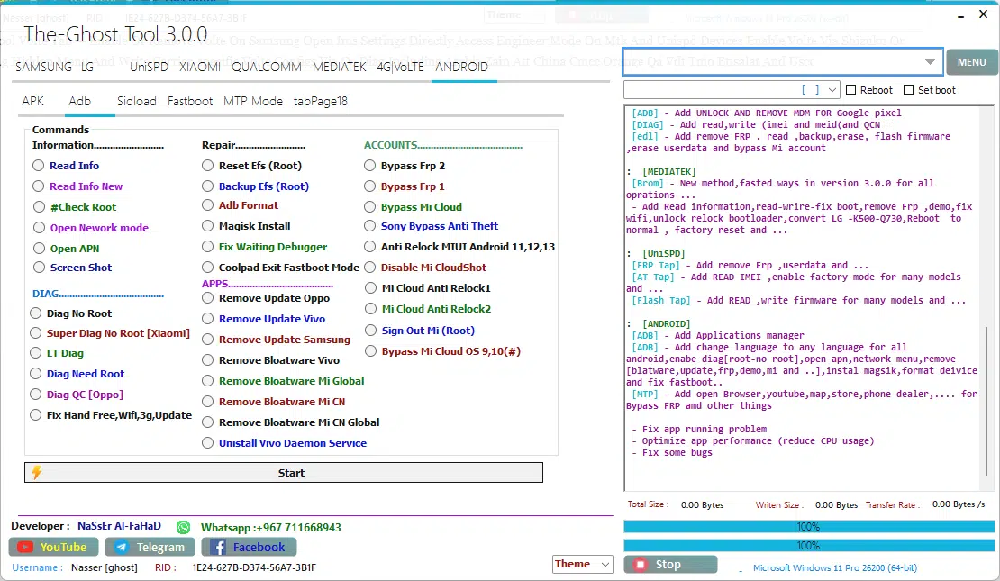 The-ghost tool android apk tab showing read info check root open network mode screen shot diag no root super diag xiaomi lt diag diag qc oppo reset efs root backup efs root adb format magisk install fix waiting debugger remove update oppo vivo samsung remove bloatware vivo mi global mi cn bypass frp 1 and 2 bypass mi cloud sony bypass anti theft anti relock miui android 11 12 13 disable mi cloudshot mi cloud anti relock 1 and 2 sign out mi root and bypass mi cloud os 9 10 options for multi-brand android servicing