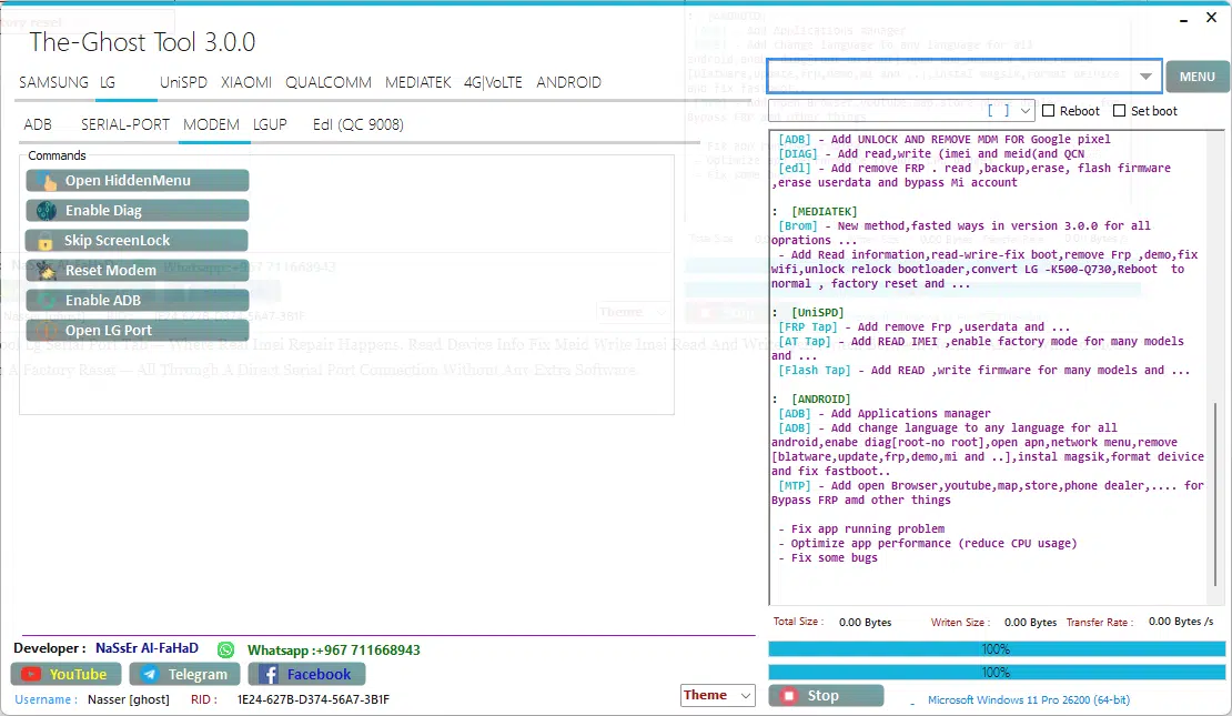 The ghost tool lg modem tab showing open hidden menu enable diag skip screen lock reset modem enable adb and open lg port commands for lg device modem and diagnostic servicing
