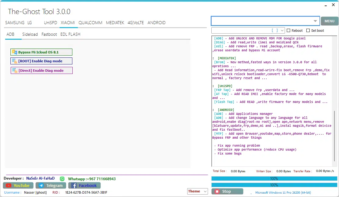 The ghost tool xiaomi adb tab showing bypass mi cloud os 8. 1 root enable diag mode and direct enable diag mode options with sideload fastboot and edl flash sub-tabs for xiaomi device servicing
