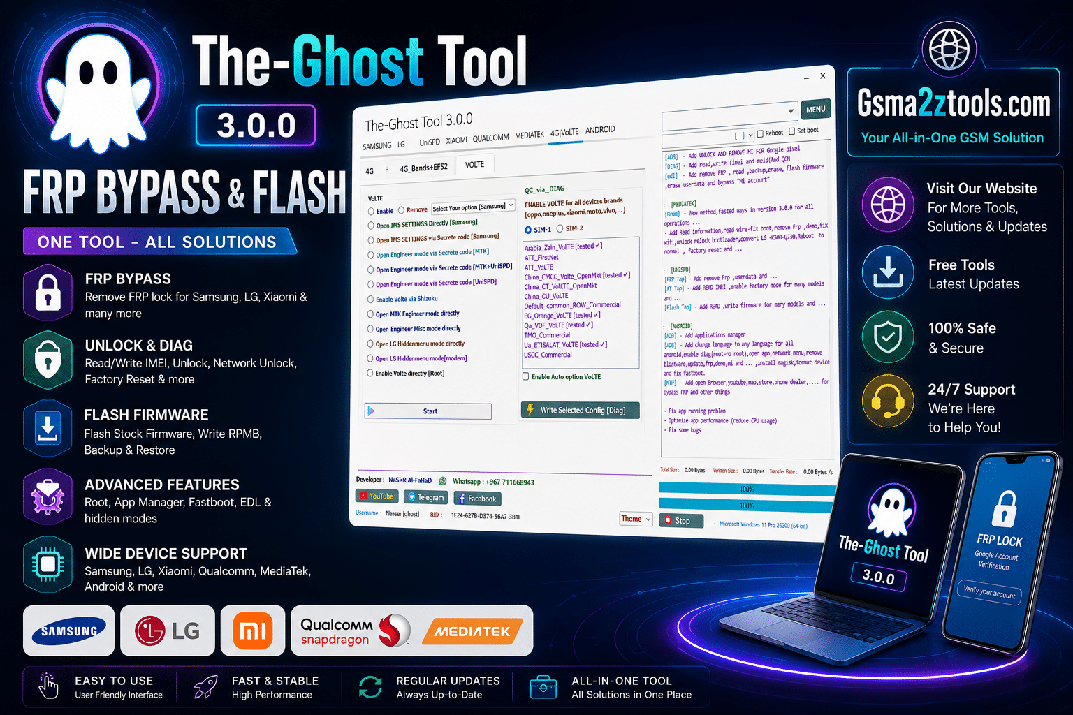 The ghost tool frp bypass and flash software interface showing samsung lg xiaomi qualcomm and mediatek support on windows 11