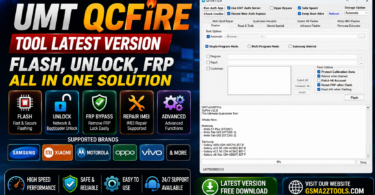 Umt qcfire tool latest version showing flash unlock and frp features for qualcomm devices