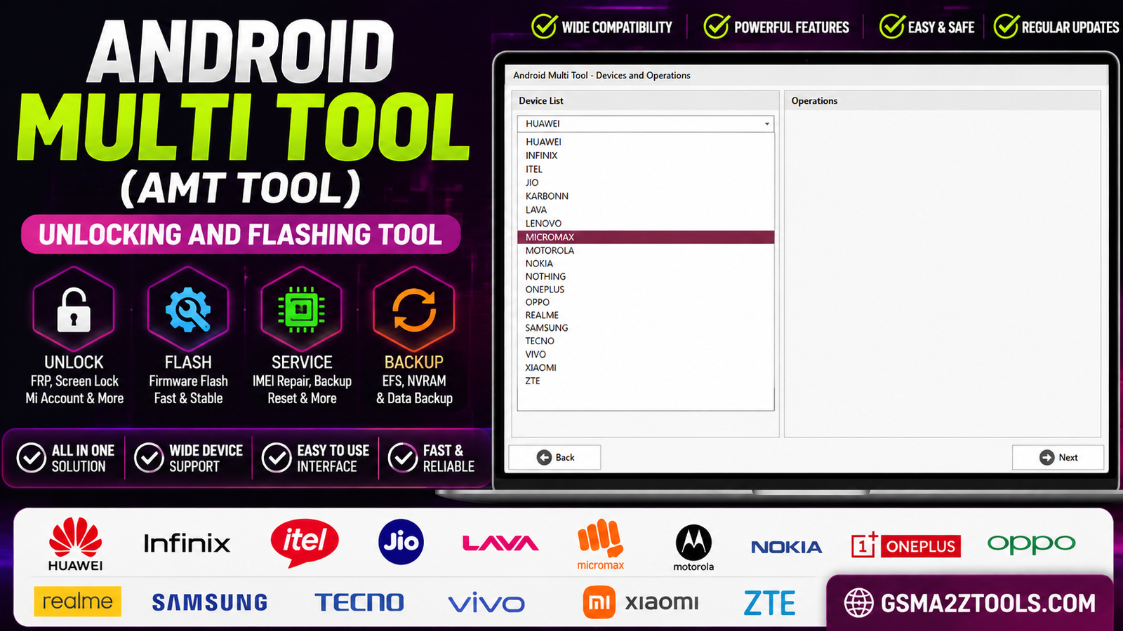 Android multi tool amt tool unlocking and flashing tool Android multi tool (amt tool) device list showing supported brands including samsung xiaomi huawei oppo and vivo for unlocking and flashing