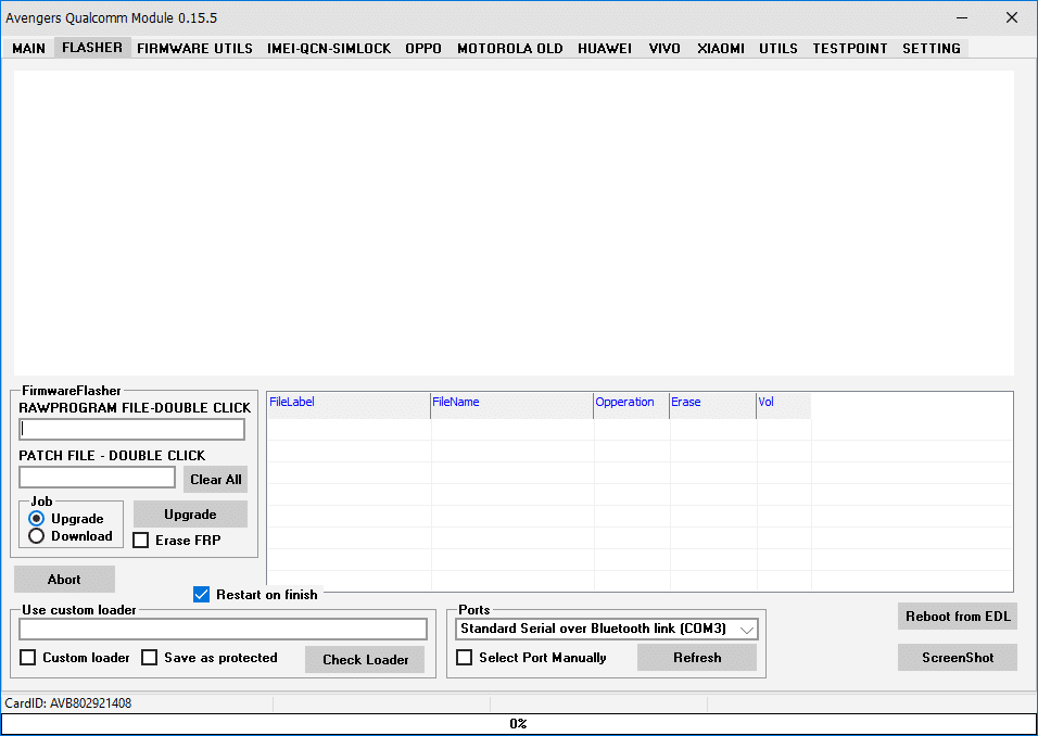 Avengers qualcomm module flasher tab with rawprogram and patch file options