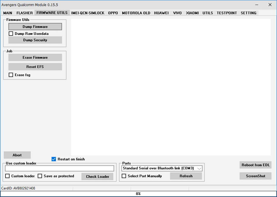 Avengers qualcomm module firmware utils tab with dump firmware and erase firmware options