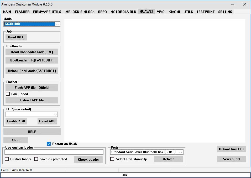 Avengers qualcomm module huawei tab with unlock bootloader and flash app file options