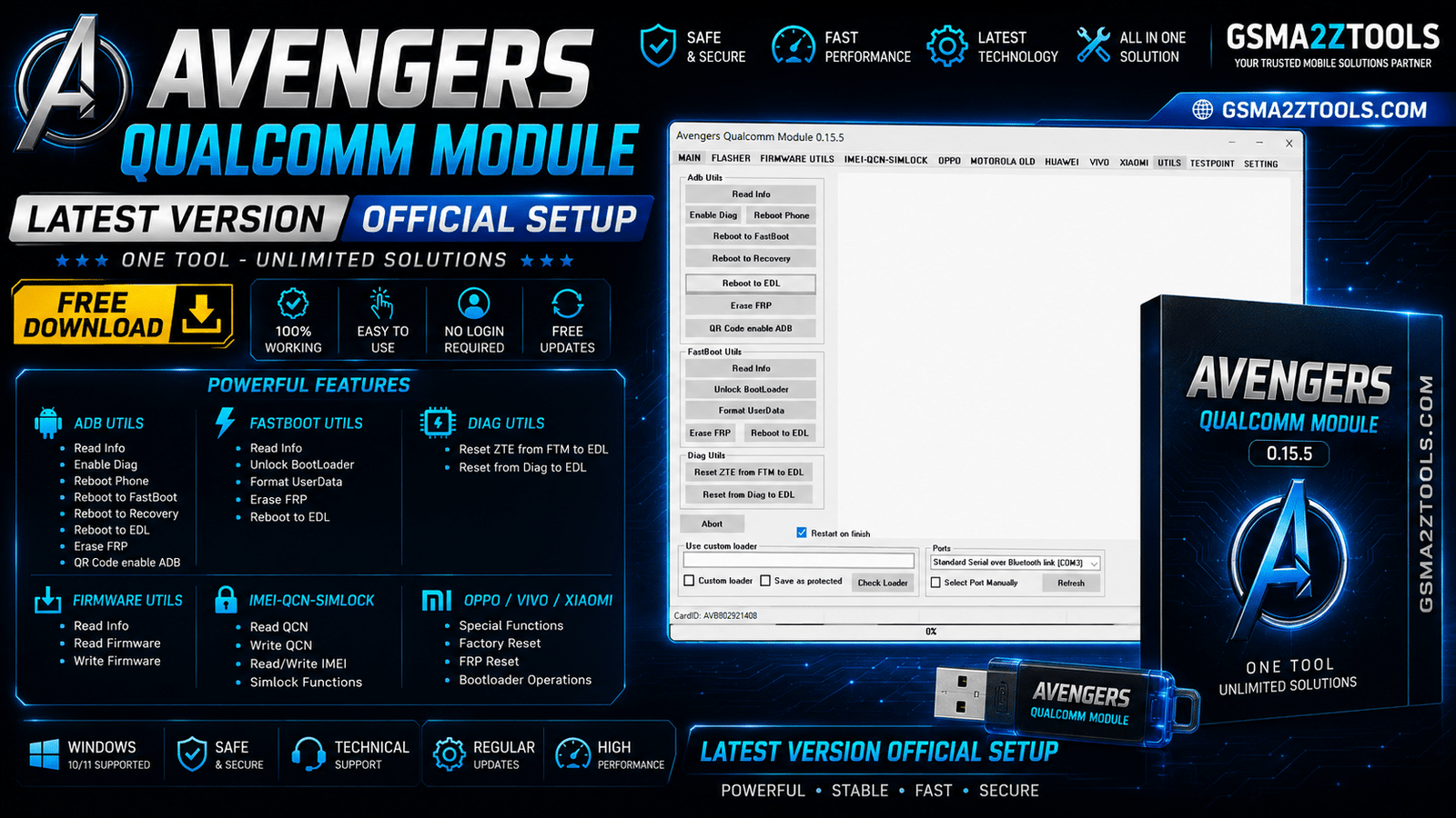 Vengers qualcomm module promotional banner showing adb utils firmware utils and imei-qcn-simlock