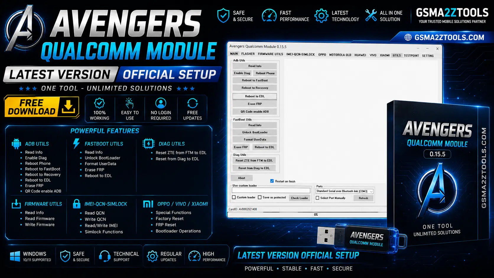 Vengers qualcomm module promotional banner showing adb utils firmware utils and imei-qcn-simlock