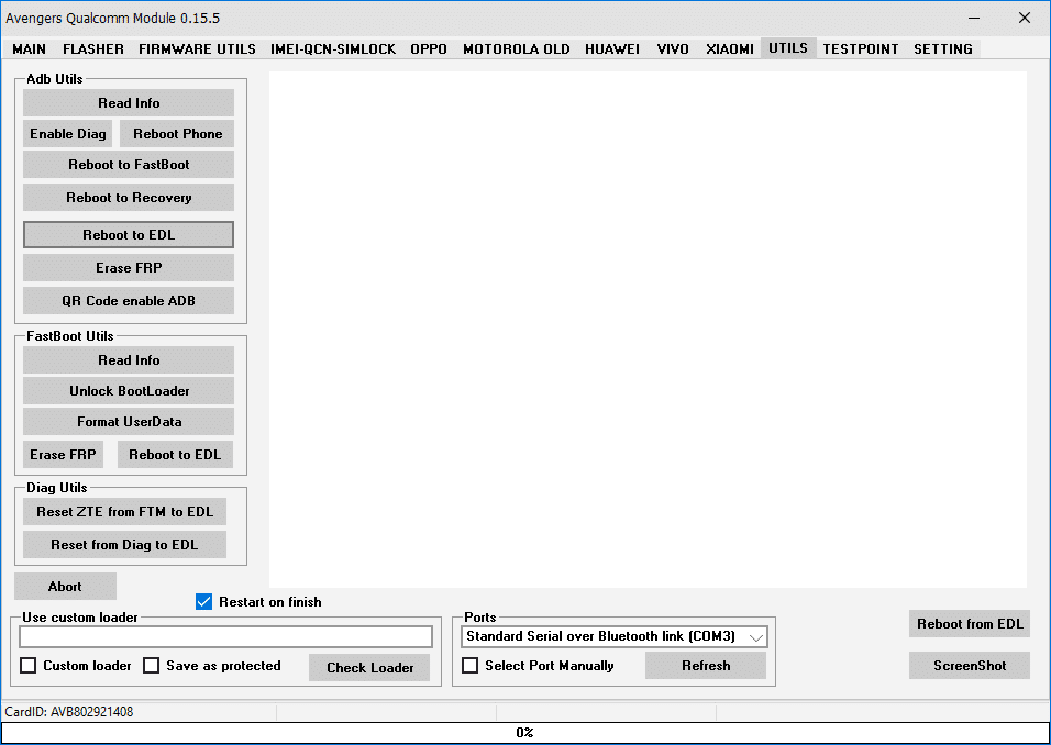 Avengers qualcomm module utils tab with adb utils fastboot utils and diag utils options