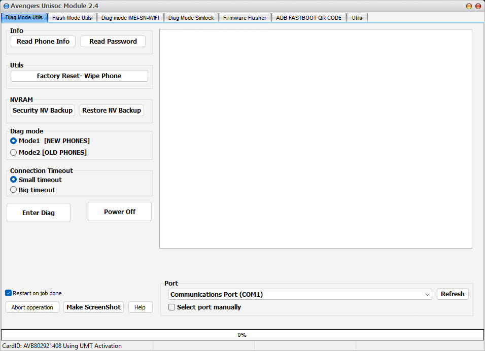 Avengers spreadtrum module diag mode utils screen with enter diag and nv backup buttons