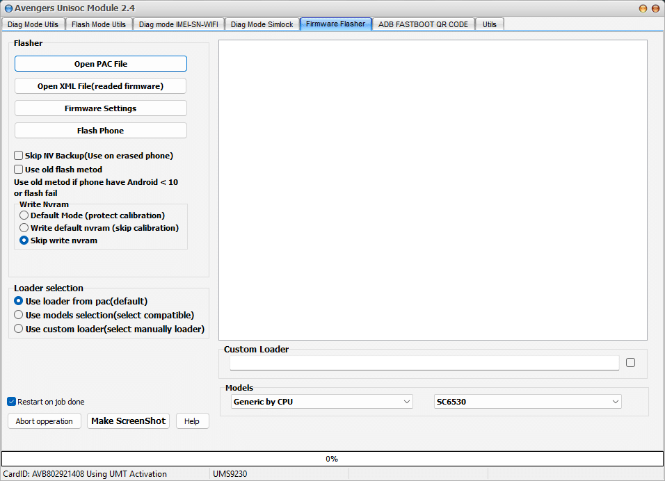 Avengers spreadtrum module firmware flasher tab with open pac file and flash phone options