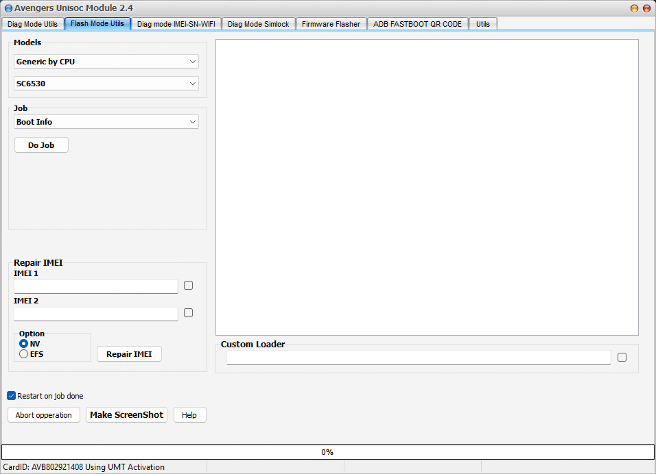 Avengers spreadtrum module flash mode utils screen with model selection and repair imei options