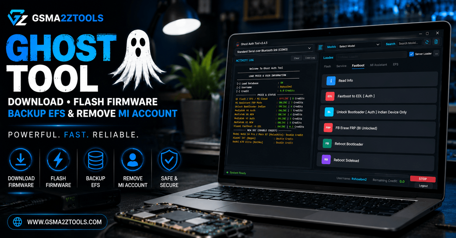 Ghost tool download flash firmware backup efs remove mi account xiaomi redmi repair software gsma2ztools